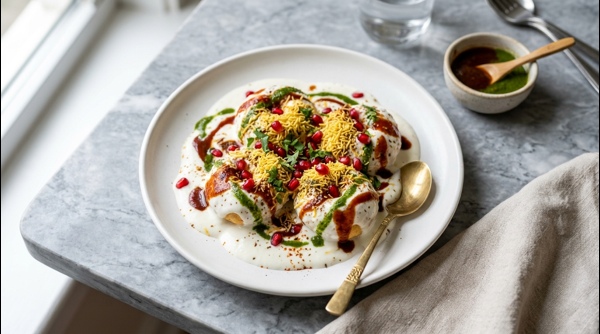 Platter of soft Dahi Vada topped with thick yogurt and colorful chutneys