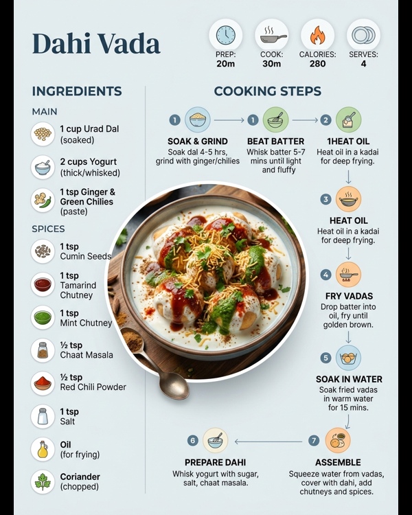 Platter of soft Dahi Vada topped with thick yogurt and colorful chutneys