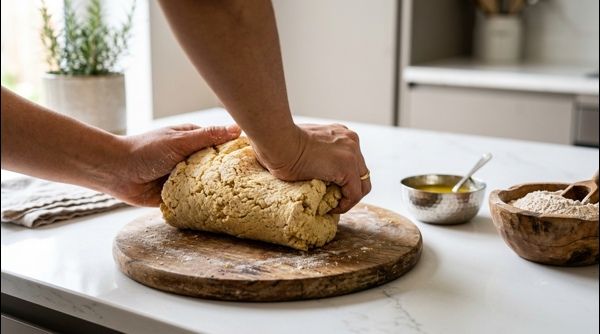 Kneading a firm dough for Rajasthani bati on a marble countertop