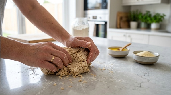 Mixing wheat flour and ghee to form a stiff dough for batis