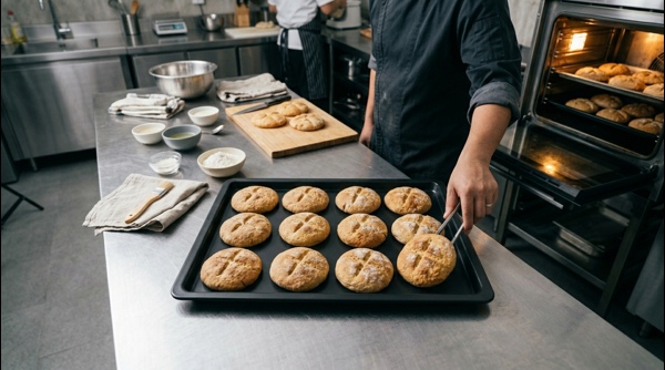 Golden brown batis soaked in ghee served with a bowl of spicy dal