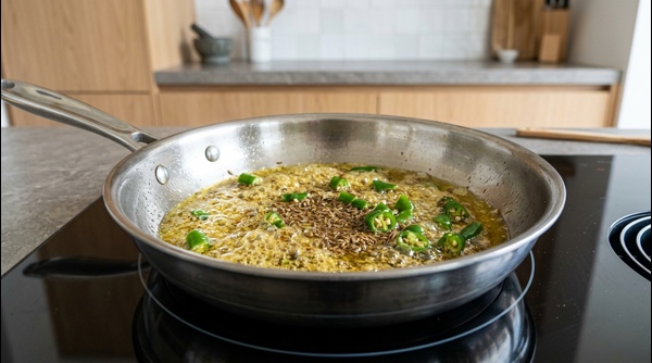 A final sizzle of ghee and spices being poured over the cooked dal khichdi