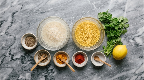 Soaked rice and yellow moong dal in a clear glass bowl ready for cooking