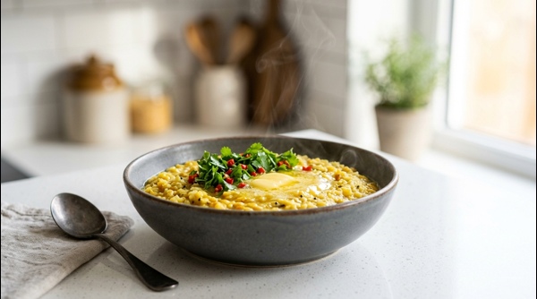 A steaming bowl of yellow Dal Khichdi topped with a dollop of ghee and fresh coriander