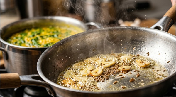 Sizzling garlic tempering being poured into a pan of green spinach and yellow lentils
