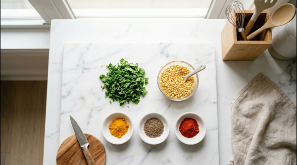 Washed yellow lentils and chopped fresh spinach on a modern white marble countertop