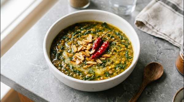 A steaming bowl of restaurant-style Dal Palak garnished with golden fried garlic and red chilies