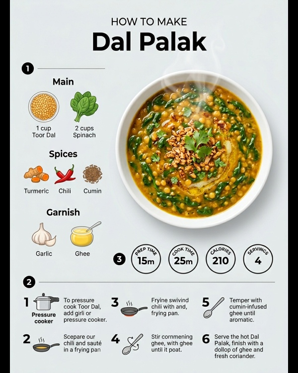 A steaming bowl of restaurant-style Dal Palak garnished with golden fried garlic and red chilies