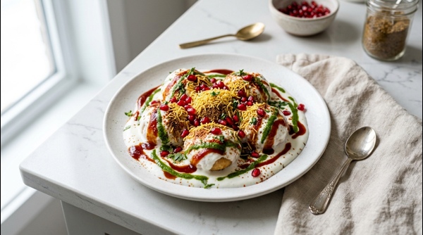 Traditional soft Delhi style dahi bhalla served with chutneys and pomegranate