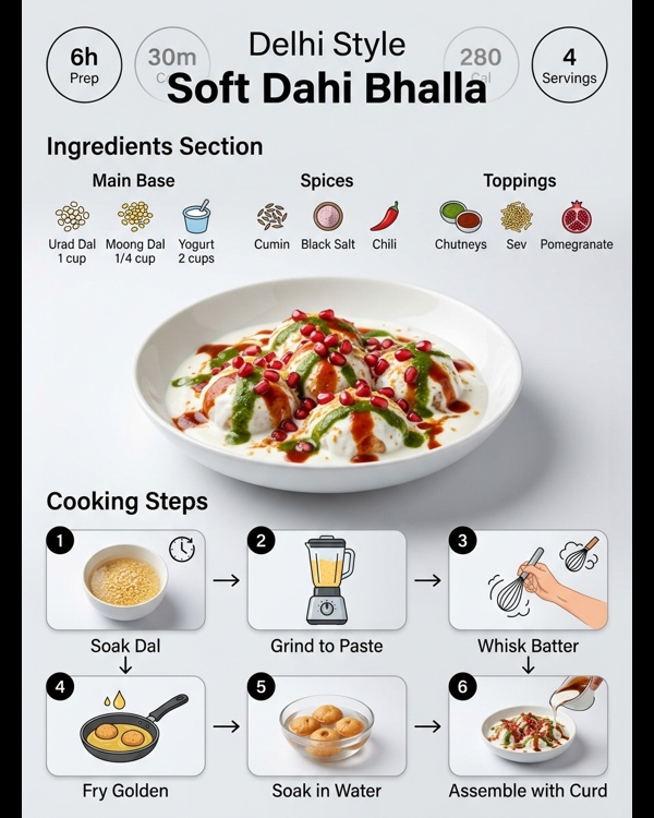 Traditional soft Delhi style dahi bhalla served with chutneys and pomegranate