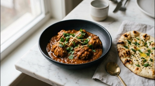 Rich Dhaba style chicken masala served in a copper bowl with fresh cilantro