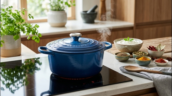 A steaming bowl of Dum Aloo finished with fresh herbs and spices