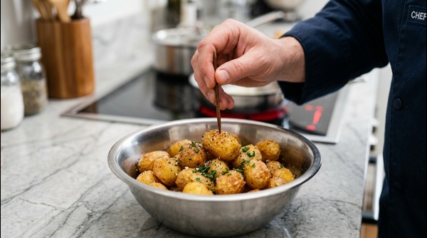 Pricking boiled baby potatoes with a toothpick on a modern marble countertop