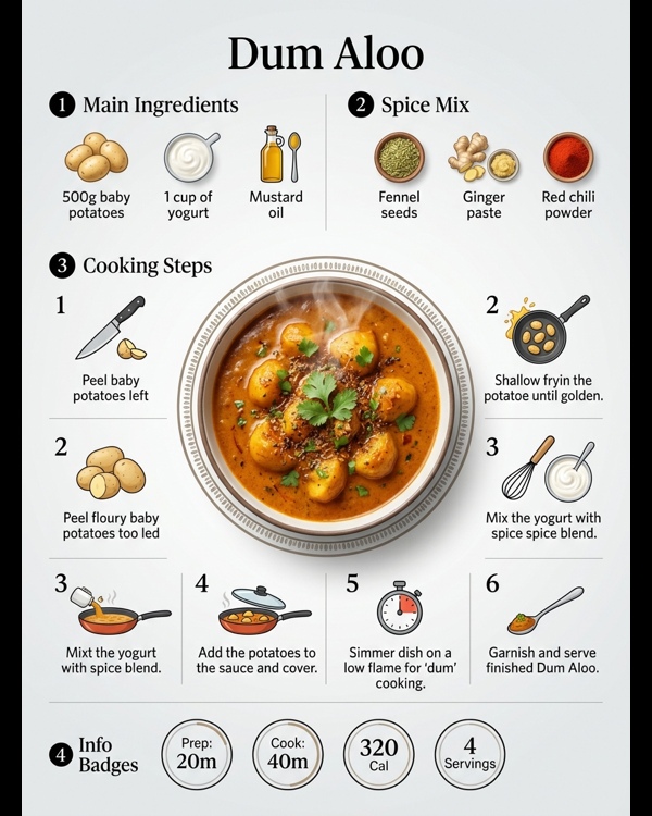 A beautiful bowl of slow cooked Dum Aloo garnished with fresh coriander in a modern kitchen setting