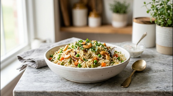 A steaming bowl of flavorful veg pulao garnished with fresh coriander and lemon wedges A steaming bowl of flavorful veg pulao garnished with fresh coriander and lemon wedges
