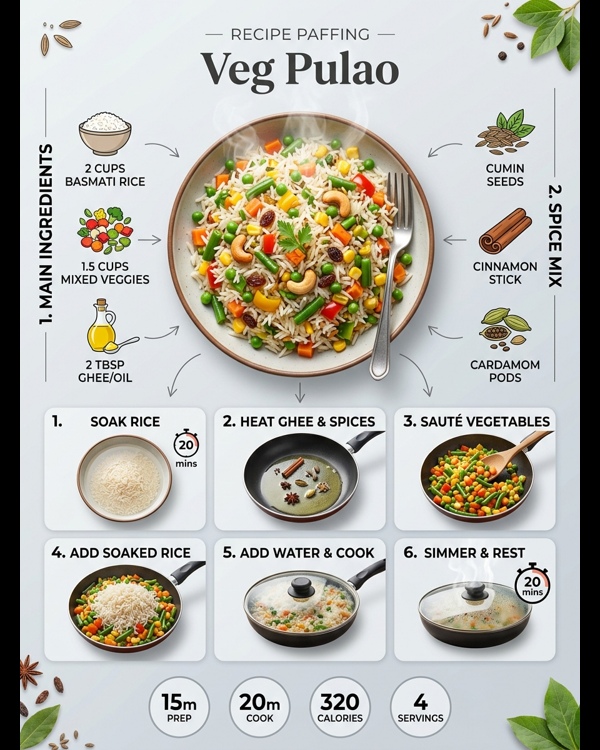 A steaming bowl of flavorful veg pulao garnished with fresh coriander and lemon wedges A steaming bowl of flavorful veg pulao garnished with fresh coriander and lemon wedges