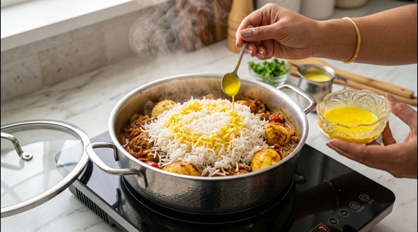 The finished egg biryani with layers of rice and saffron garnish