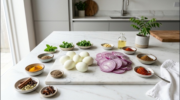 Boiled eggs being pricked with a fork for better spice absorption