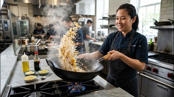 The final stage of tossing the egg rice with seasonings and herbs