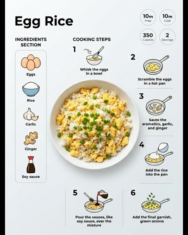 A steaming bowl of restaurant-style egg rice garnished with fresh spring onions