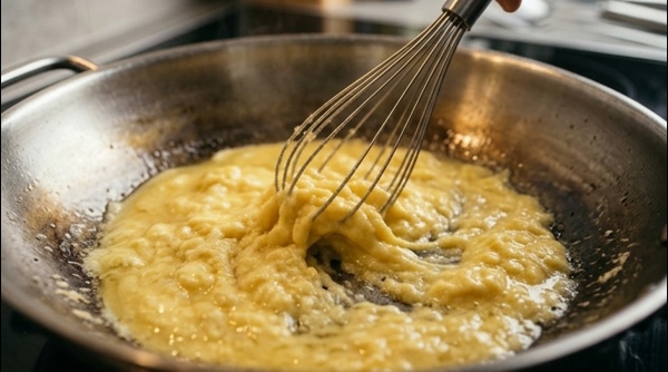 Scrambling fresh eggs in a hot wok with golden oil