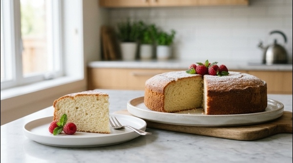 A slice of soft vanilla eggless cake on a white plate for a healthy breakfast