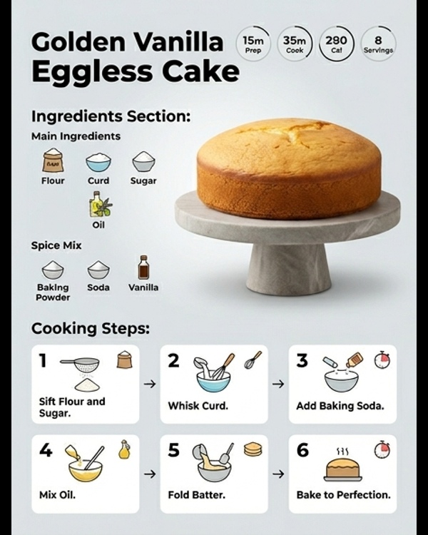 A slice of soft vanilla eggless cake on a white plate for a healthy breakfast