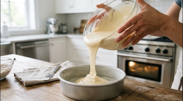 Golden brown eggless cake fresh out of the oven in a round tin