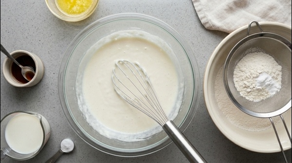 Whisking curd and sugar in a glass bowl for eggless cake batter