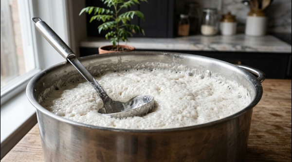 A large pot of perfectly risen and bubbly fermented idli batter A large pot of perfectly risen and bubbly fermented idli batter