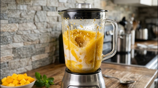 Two glasses of mango shake topped with nuts and mango chunks on a modern kitchen counter Two glasses of mango shake topped with nuts and mango chunks on a modern kitchen counter