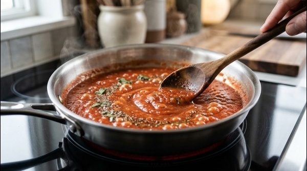 A modern bowl of red sauce pasta with steam rising and fresh garnishes