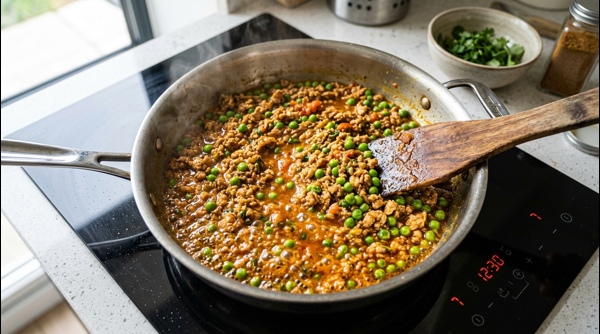 The final chicken keema dish simmering in a pan with peas and spices The final chicken keema dish simmering in a pan with peas and spices