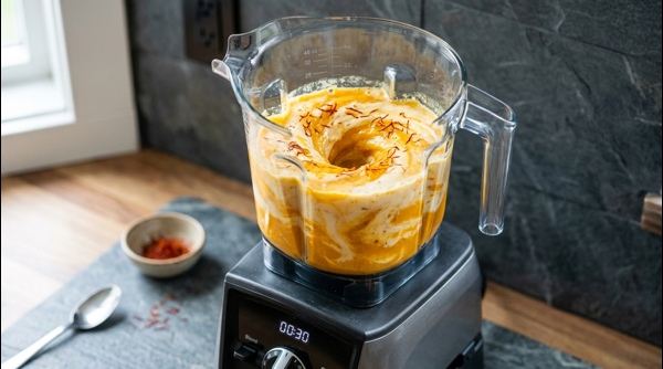 Two glasses of mango milkshake garnished with nuts and saffron