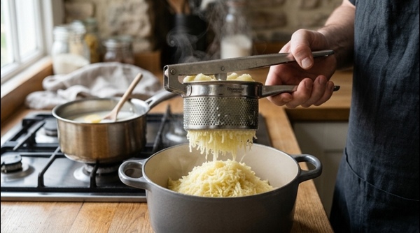 A beautiful serving of smooth mashed potatoes with a swirl of butter and fresh green herbs