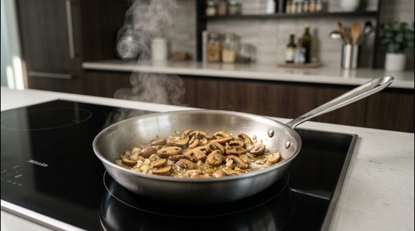 A finished bowl of creamy mushroom soup served with a side of toasted bread