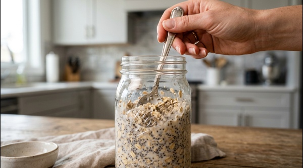 A finished jar of overnight oats topped with almonds and fresh fruit ready for breakfast