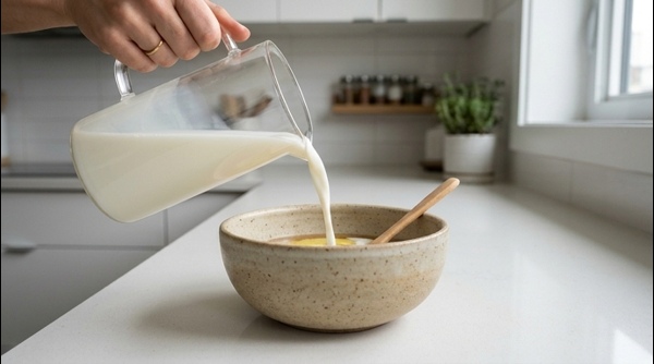 A glass of freshly prepared panchamrit garnished with tulsi and makhana