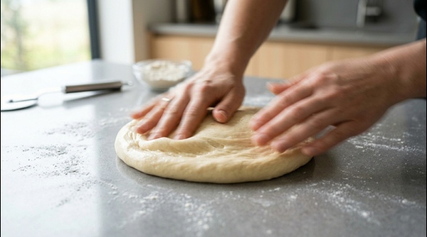 A smooth and round pizza dough base ready for toppings on a clean kitchen island