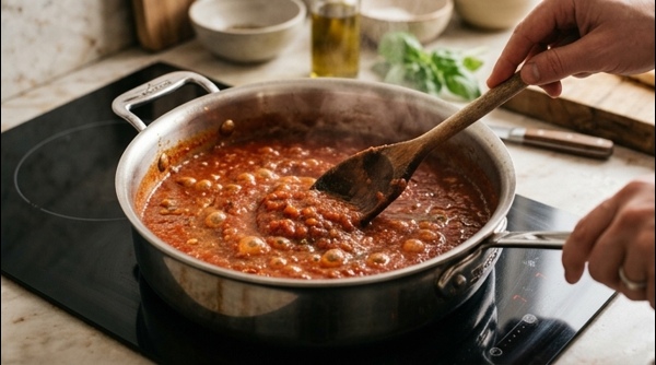 Smooth and thick pizza sauce being poured into a glass jar