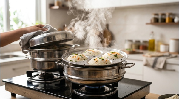 Freshly steamed rava idlis being removed from the mold in a modern kitchen
