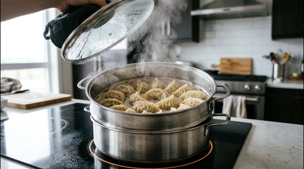 Finished veg momos in a bamboo steamer with steam rising in a modern kitchen