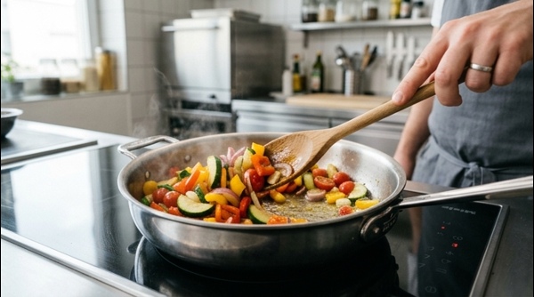 A finished bowl of vegetable soup served on a modern white marble countertop