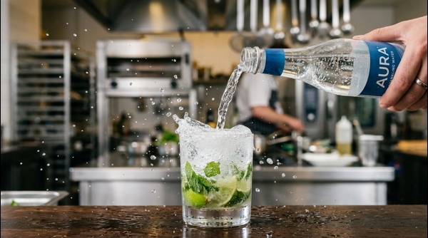 The final Virgin Mojito drink with bubbles and ice in a tall glass