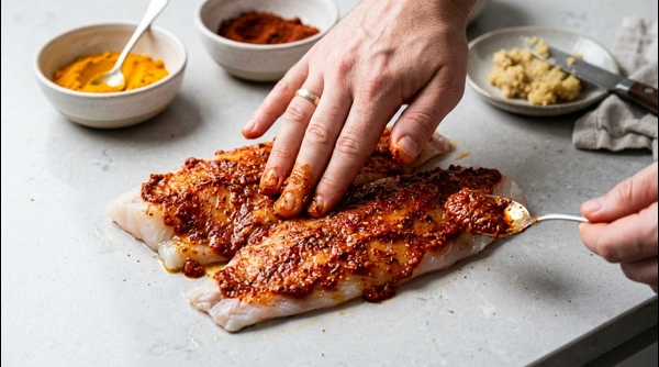 Fish fillets being coated with bright red spice paste on a white plate