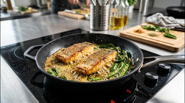 Fish fillets frying in a modern pan with curry leaves and oil bubbles