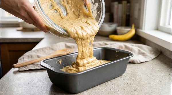 A golden brown loaf of banana bread cooling on a wire rack