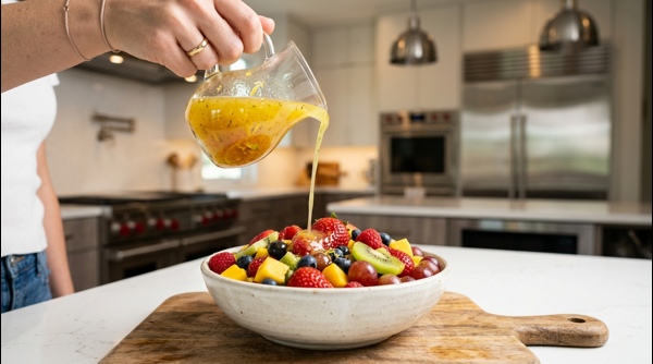 The finished fruit salad served in a modern white bowl with mint garnish
