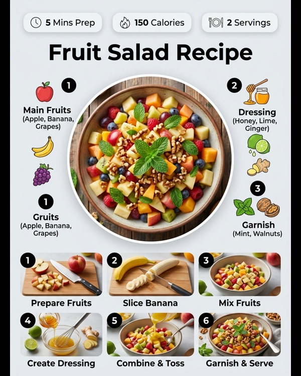 A colorful breakfast fruit salad in a glass bowl on a white marble table