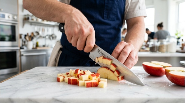Chopped apples and bananas on a clean white cutting board